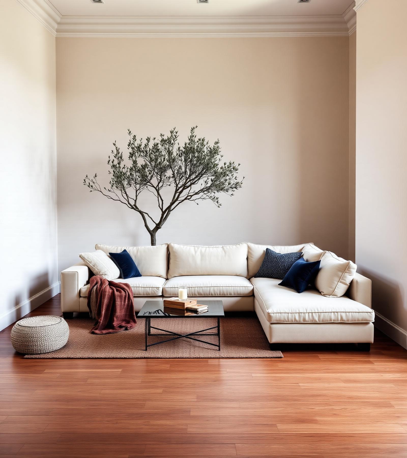 Warm, minimalist staged living room with cream sectional and olive tree